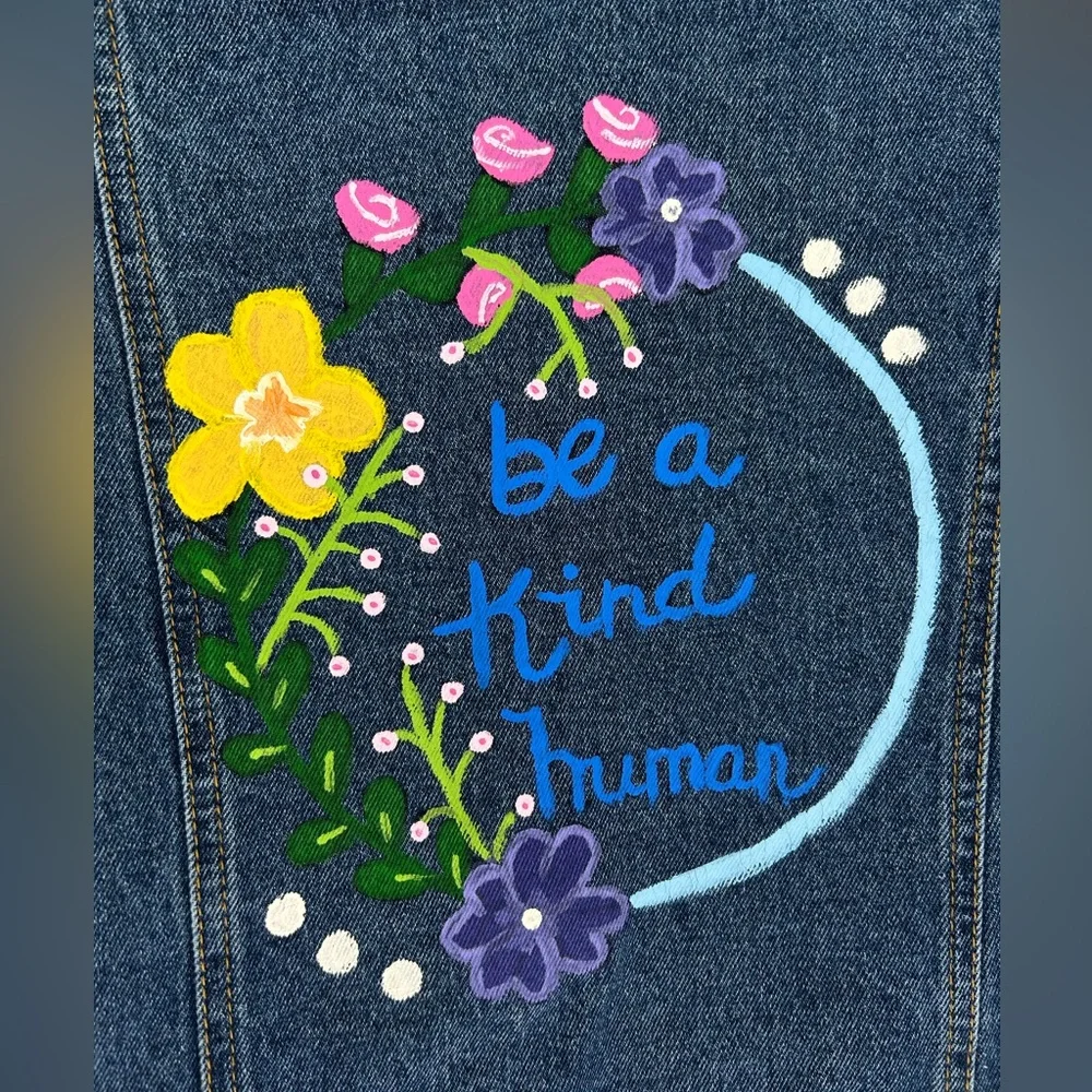 Love Tree Denim Jean Jacket Size Large Be a Kind Human Floral Painted Back‎ - Picture 7 of 13